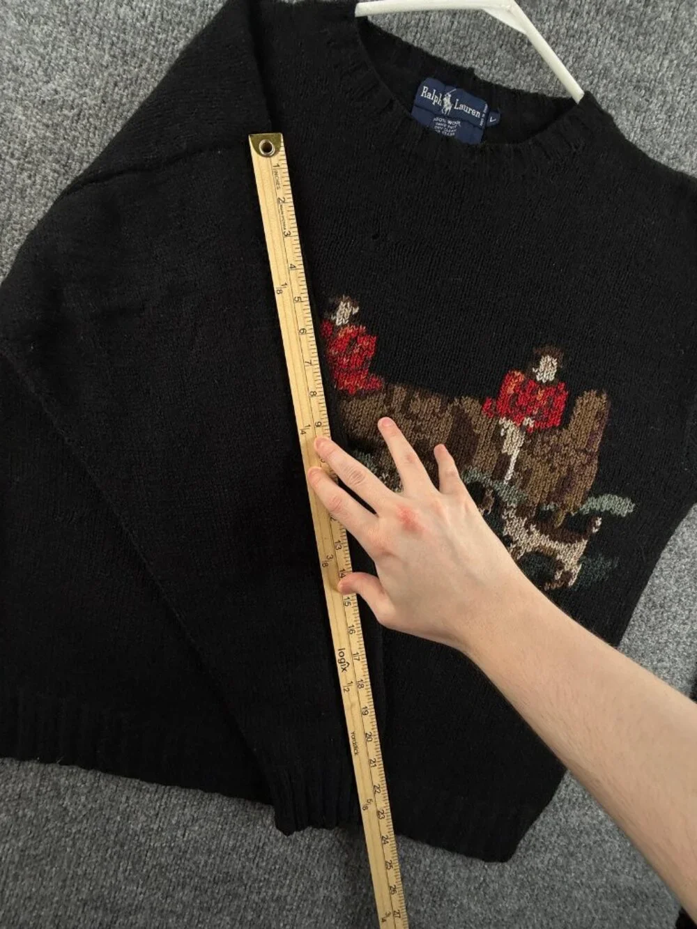 VTG Ralph Lauren Equestrian Fox Hunt Large Sweater Graphic Black Wool Hand Knit